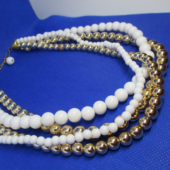 Four Strand Metallic Gold Tone White Beaded Necklace Multi Strand Bead  Necklace - Picture 2 of 10